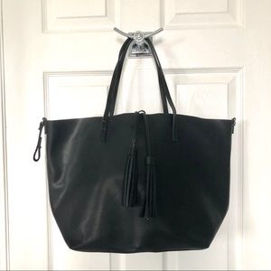 MANGO Black Faux Leather Tassle Tote Bag